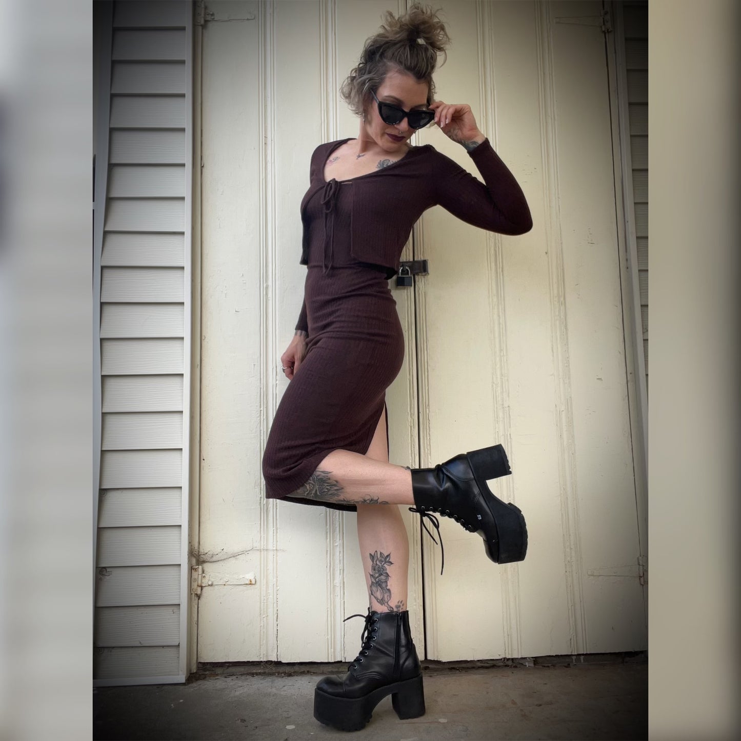 Fiona Cardigan & Midi Dress Set - Brown
