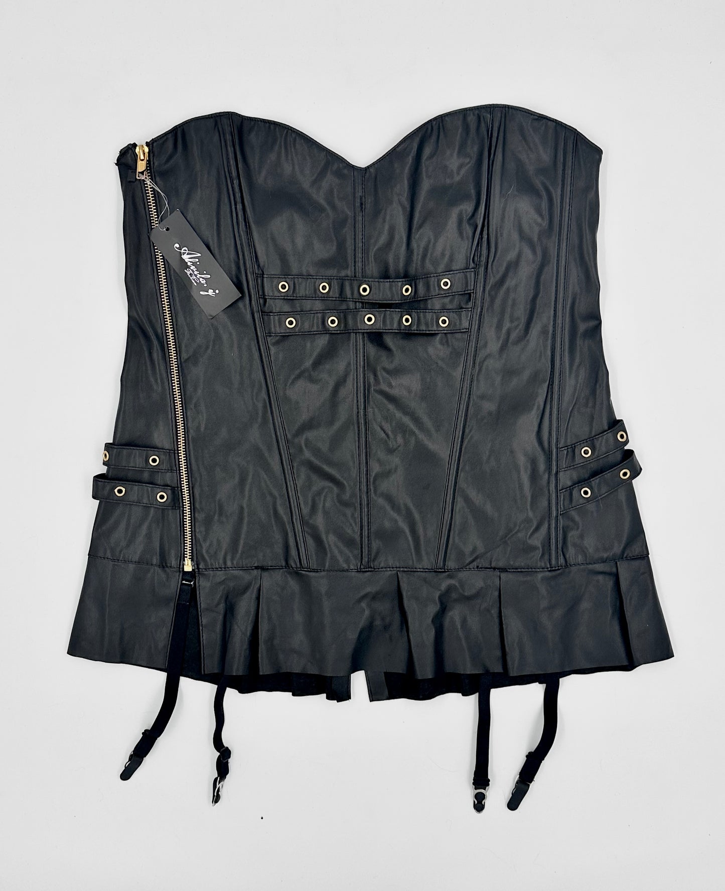 PU Black Leather Corset w Side Zipper & Lace Up Back
