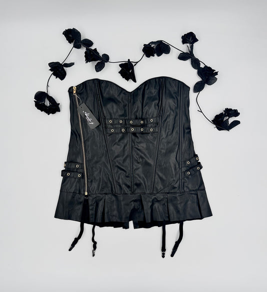 PU Black Leather Corset w Side Zipper & Lace Up Back