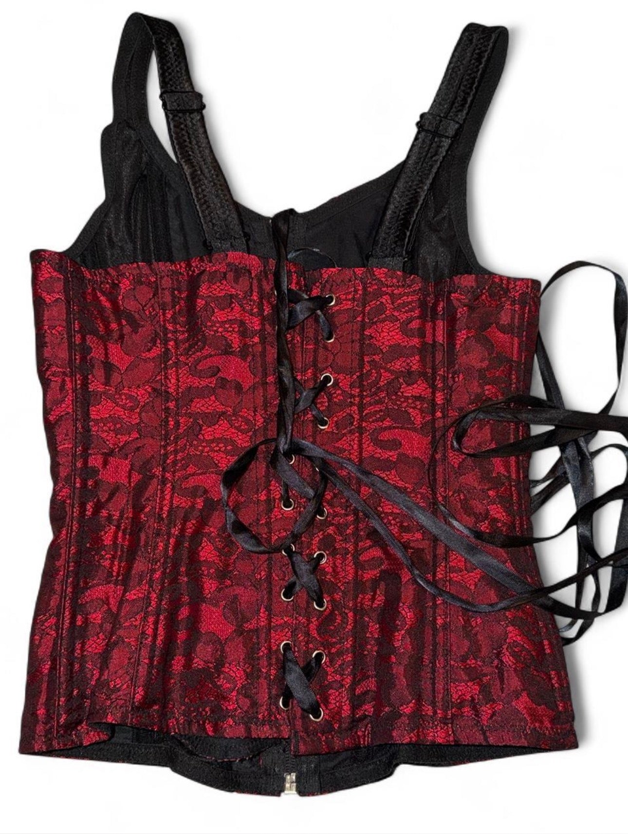 Red & Black Lace Zipper Corset Top - S