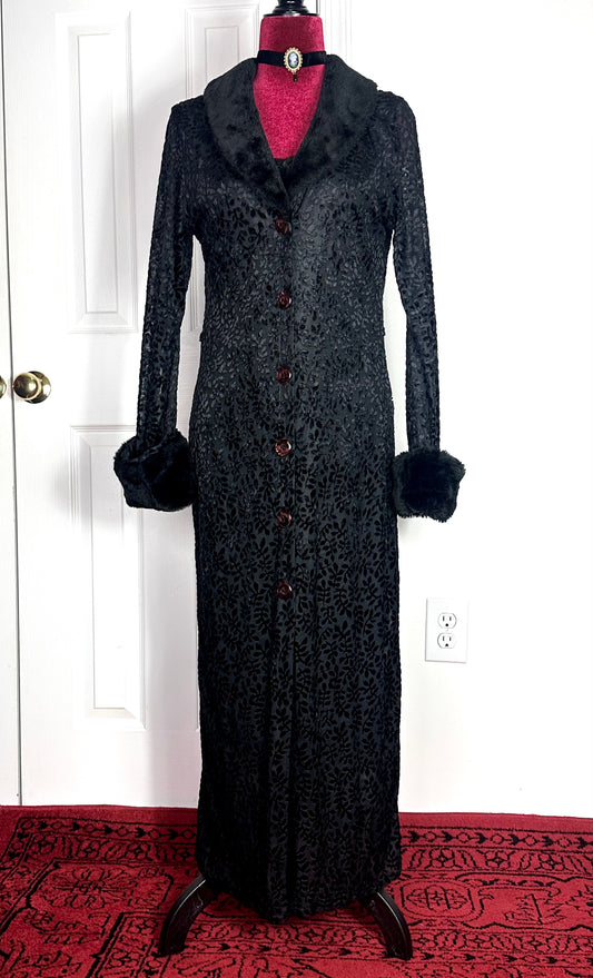 Vintage 90’s Floral Velvet Duster Cardigan with Faux Fur Trim - M