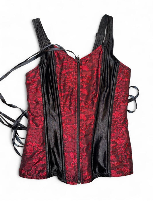Red & Black Lace Zipper Corset Top - S