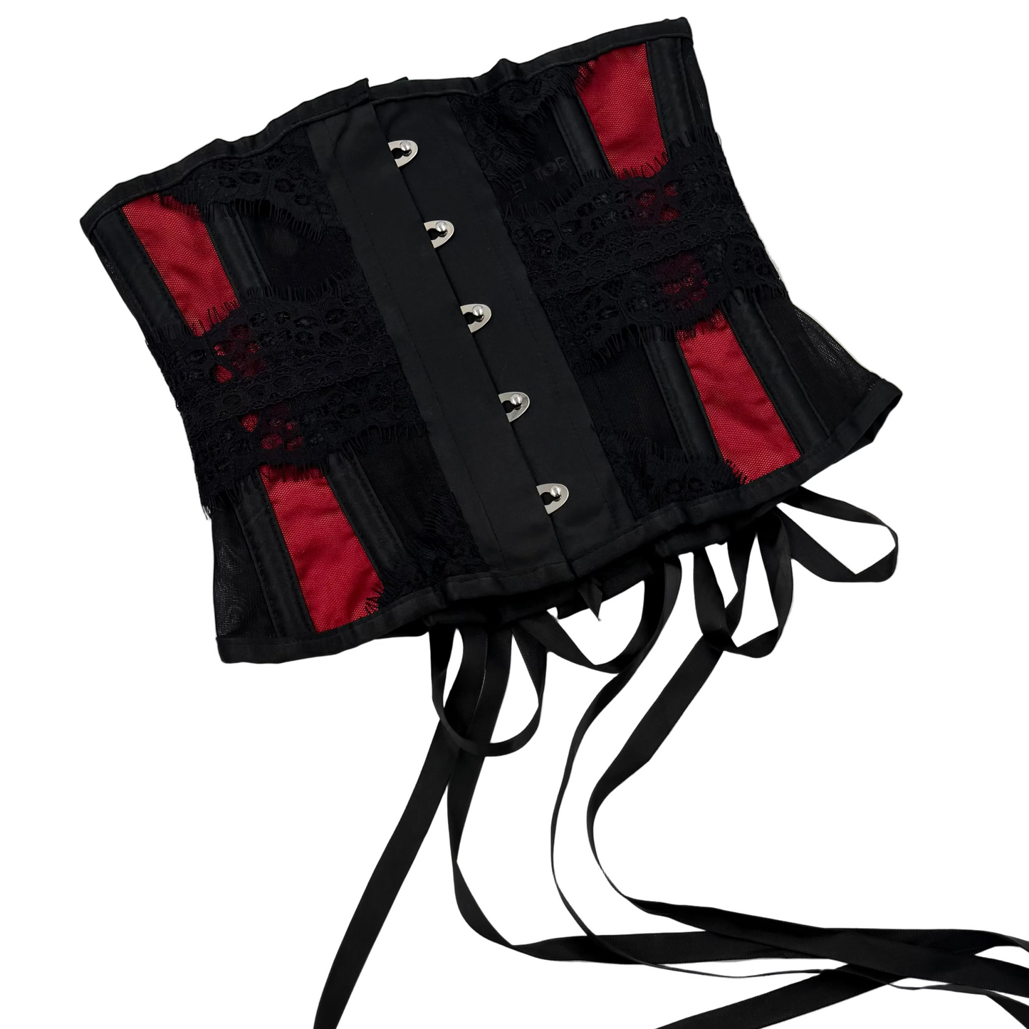 Corset Story Mesh Underbust with  Crimson Satin Panels and Decorative Lace