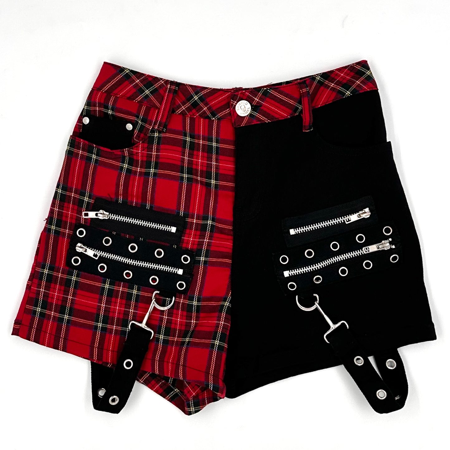 Banned Apparel Black and Plaid Suspender Shorts - XS