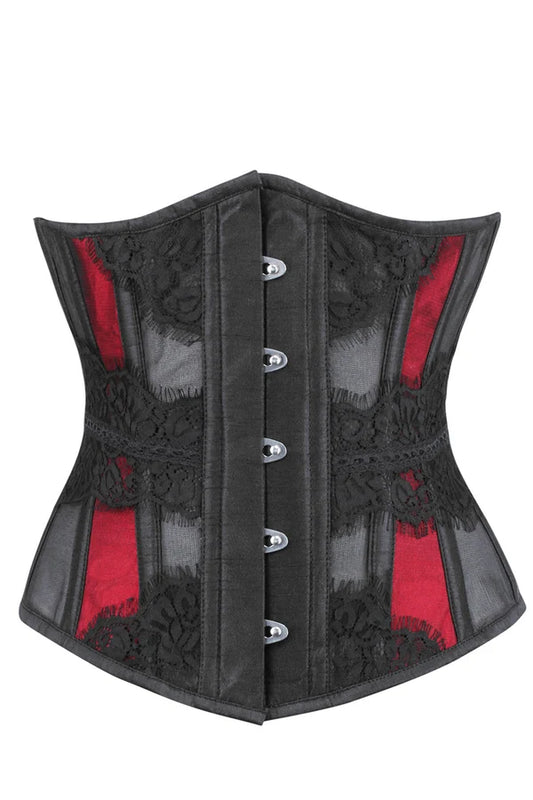 Corset Story Mesh Underbust with  Crimson Satin Panels and Decorative Lace
