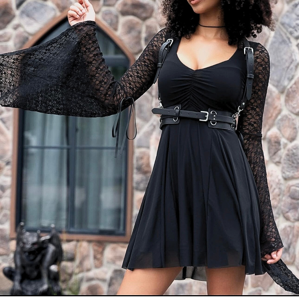 BLACKMILK RARE Spectre Style Dress with Lace Bell Sleeves - M