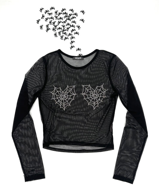 Rhinestone Spiderweb Mesh Top