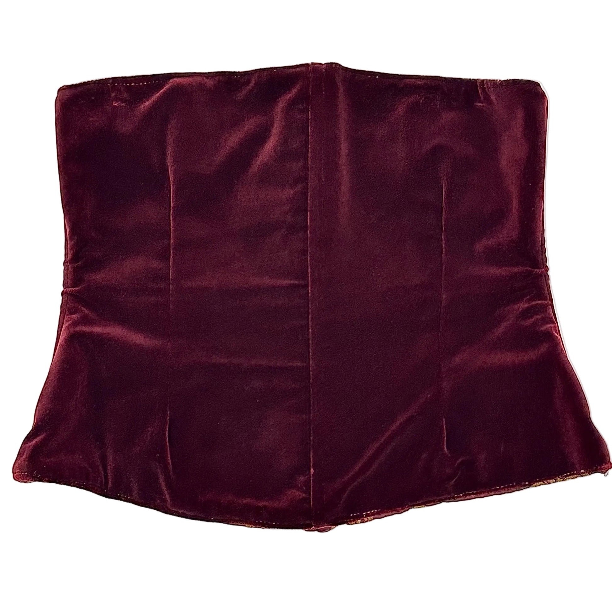 the back of the burgundy fabric corset on a white background