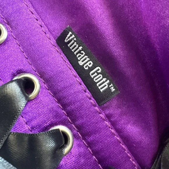 Vintage Goth Purple Satin Corset with Black Ruffle Accents - S