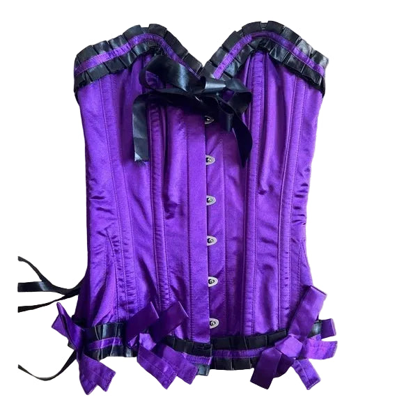 Vintage Goth Purple Satin Corset with Black Ruffle Accents - S