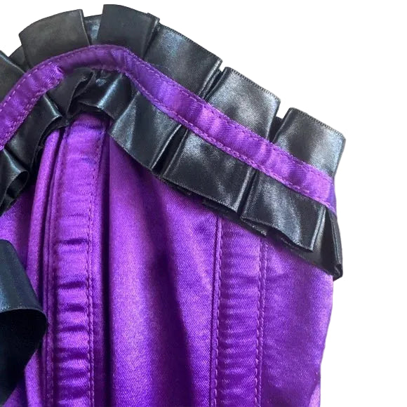 Vintage Goth Purple Satin Corset with Black Ruffle Accents - S