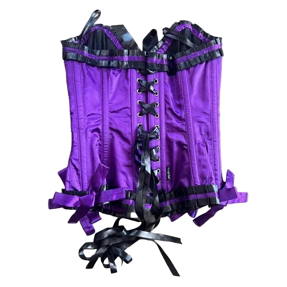 Vintage Goth Purple Satin Corset with Black Ruffle Accents - S