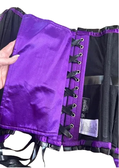 Vintage Goth Purple Satin Corset with Black Ruffle Accents - S