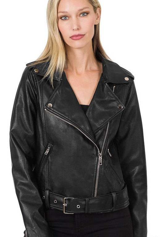Halford Vegan Leather Belted Moto Jacket in Black