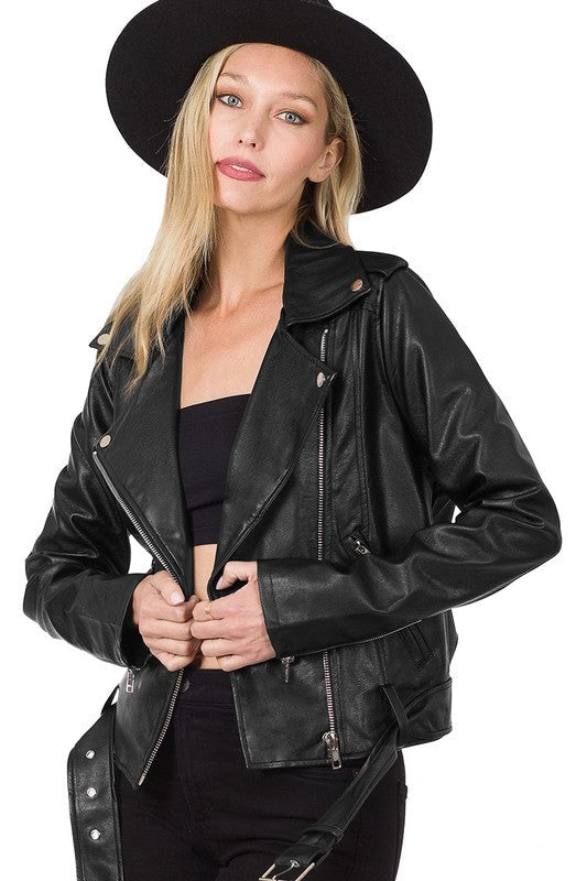 Halford Vegan Leather Belted Moto Jacket in Black